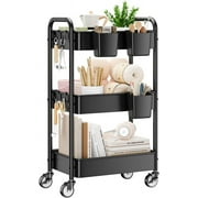 3 Tier Rolling Cart - Metal Utility Cart with Wheels, Hanging Cups, Hooks, Heavy Duty Mesh Rolling Storage Cart Organizer, Craft Cart for Kitchen Office, Lightweight and Sturdy